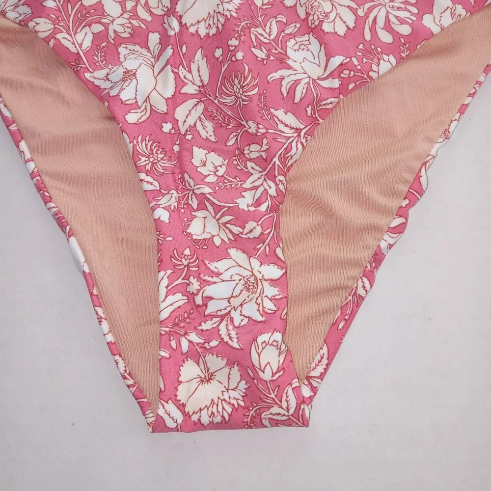 J. Crew Women's Curved Waist Cheeky Bikini Bottom Size Medium Tossed Floral Pink